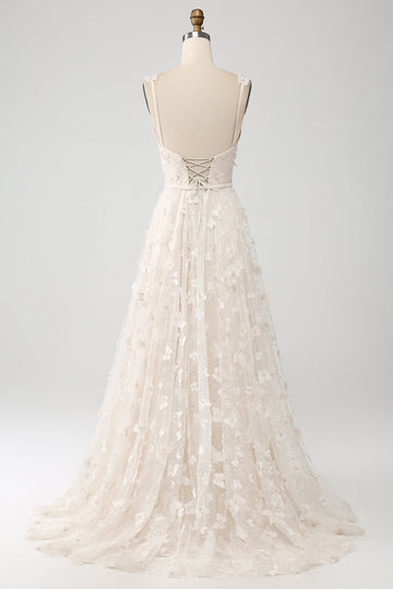 Apricot A Line Spaghetti Straps Appliques Long Wedding Dress with Slit